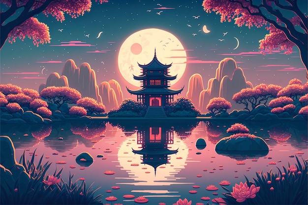 Peinture d'une pagode au milieu d'un lac ai génératif