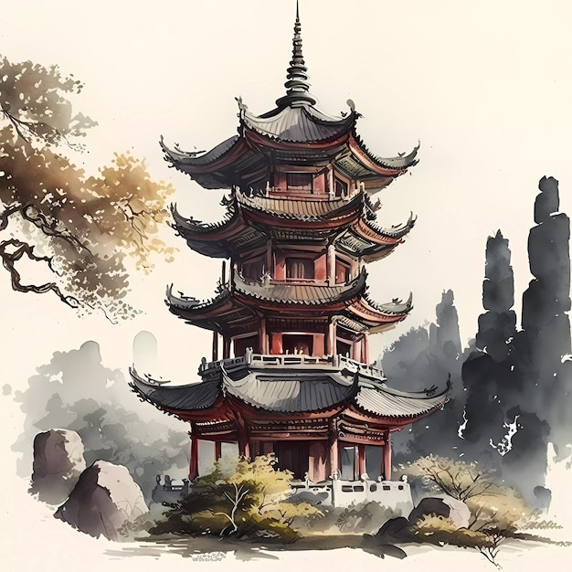 Une peinture d'une pagode chinoise avec un arbre en arrière-plan.