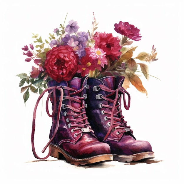 Une peinture d'une paire de bottes avec des fleurs.