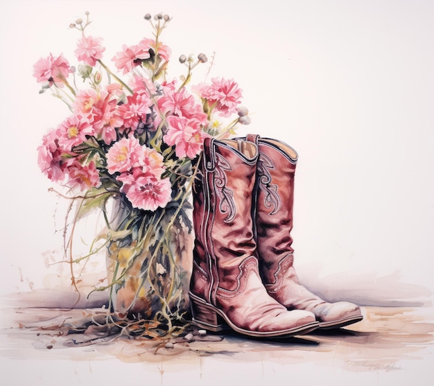 peinture d'une paire de bottes et d'un vase de fleurs générative ai