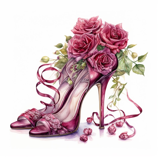 peinture d'une paire de chaussures avec des roses et des rubans