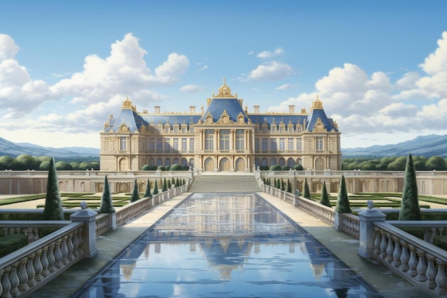 une peinture d'un palais avec un reflet du château dans l'eau.