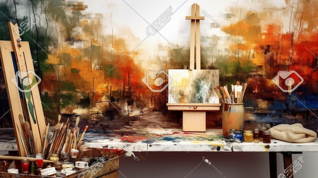 Une peinture avec une palette et un pinceau sur la table