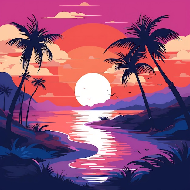 une peinture de palmiers et le coucher du soleil en arrière-plan