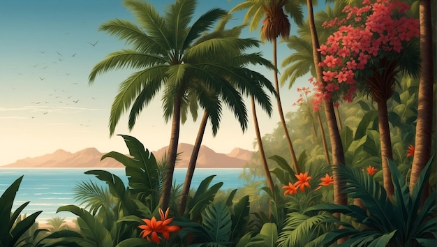 Une peinture de palmiers et de l'océan en arrière-plan