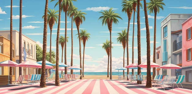 Une peinture de palmiers et une scène de plage avec des palmiers et un ciel bleu.