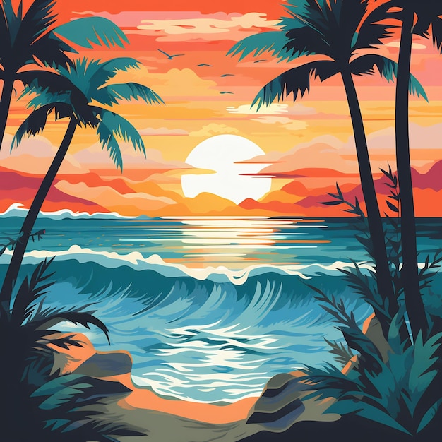 une peinture de palmiers et le soleil en arrière-plan