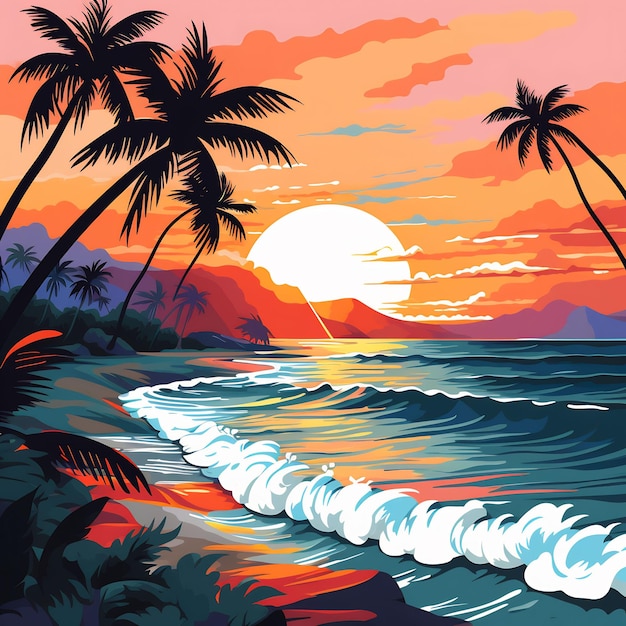 une peinture de palmiers et le soleil couchant sur l'océan