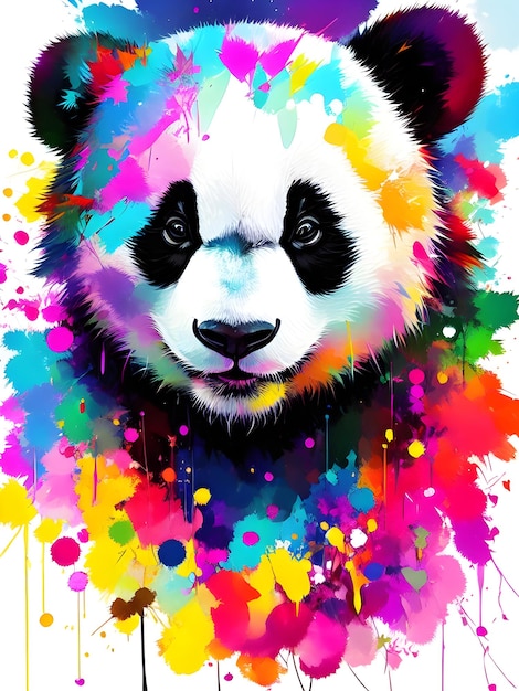 Une peinture panda colorée avec une tête de panda.