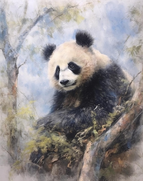 Une peinture d'un panda dans un arbre