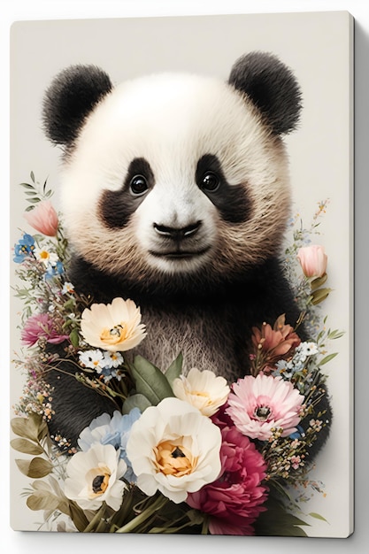 Une peinture d'un panda avec des fleurs dessus