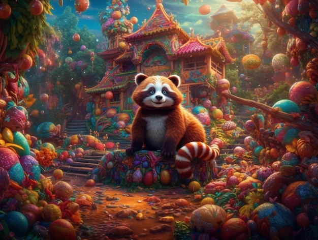 Une peinture d'un panda avec une maison colorée en arrière-plan.