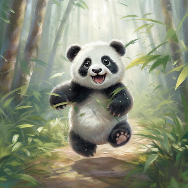 une peinture d'un panda avec un panda dans les bois.