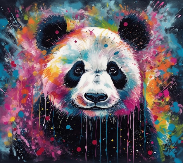 Une peinture d'un panda avec de la peinture colorée dessus.