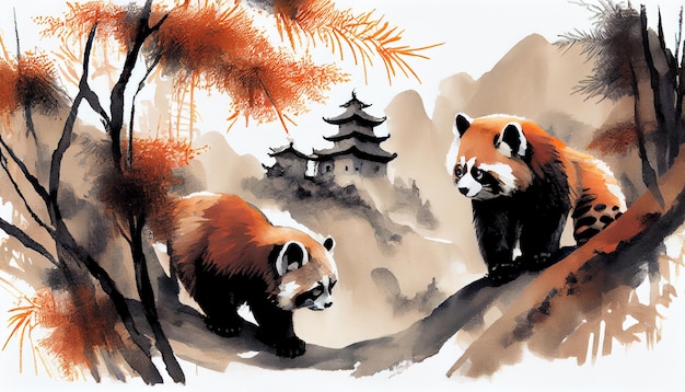 Une peinture d'un panda rouge dans un paysage chinois.