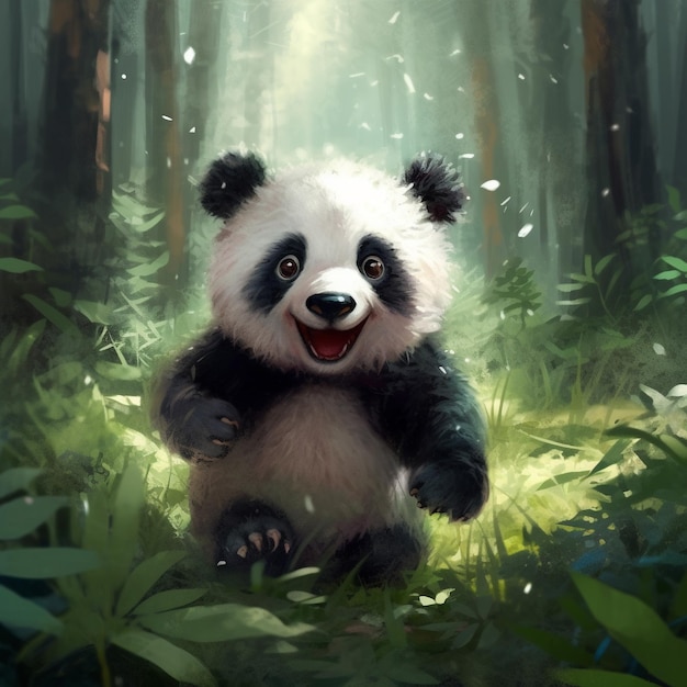 une peinture d'un panda avec un visage heureux.