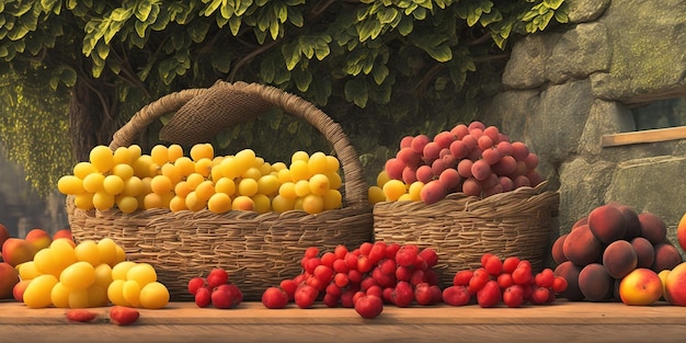 Une peinture de paniers de fruits et un panier de pommes de terre.