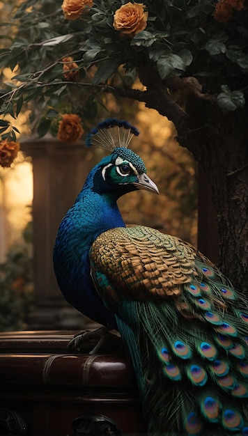 Photo une peinture d'un paon assis au sommet d'un arbre générée par ai