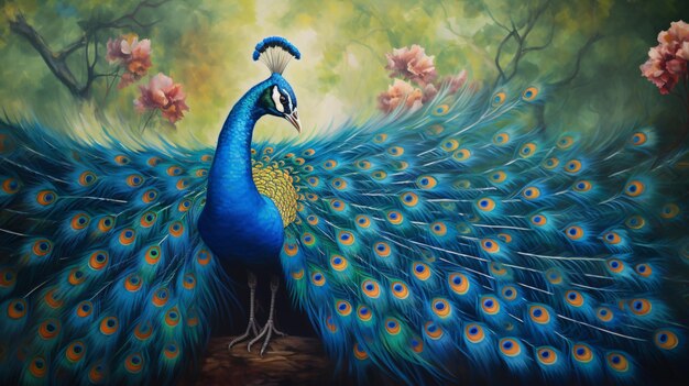 Une peinture d'un paon bleu avec des plumes étalées