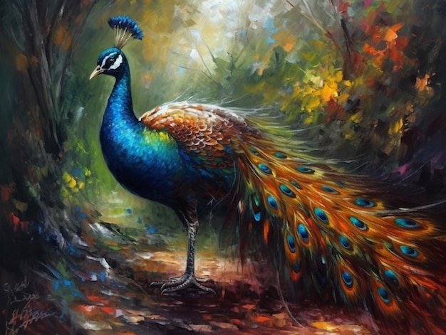 Une peinture d'un paon avec un fond vert et des plumes orange et bleues.