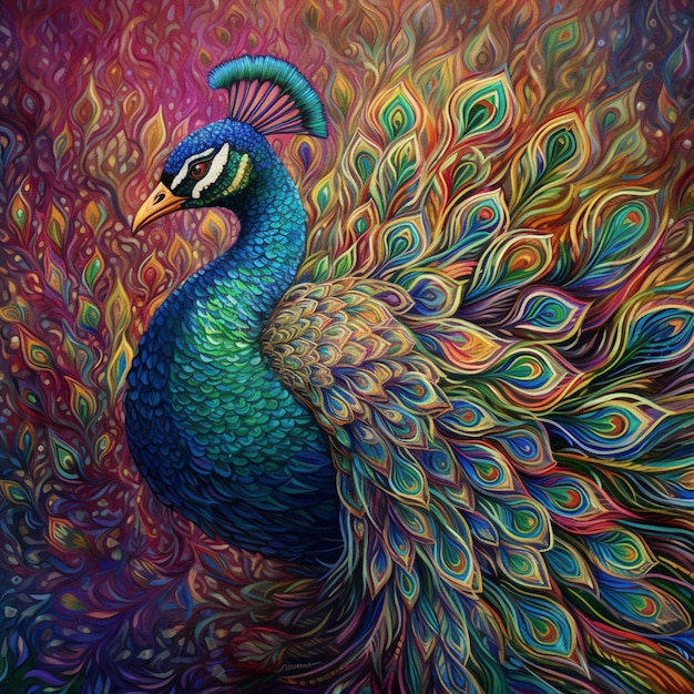 Photo peinture d'un paon avec des plumes colorées sur un fond coloré