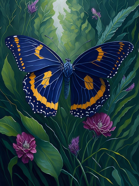 Une peinture d'un papillon avec des ailes bleues et orange