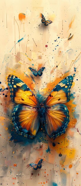 Photo peinture d'un papillon avec des ailes orange et bleues et beaucoup de papillons génératifs ai