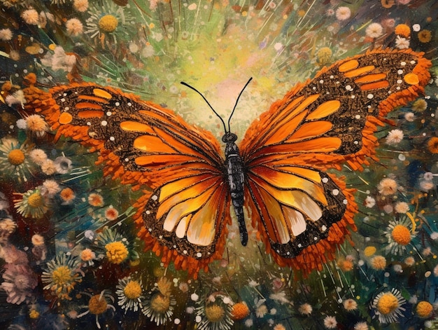 Une peinture d'un papillon aux ailes orange et le mot papillon dessus.