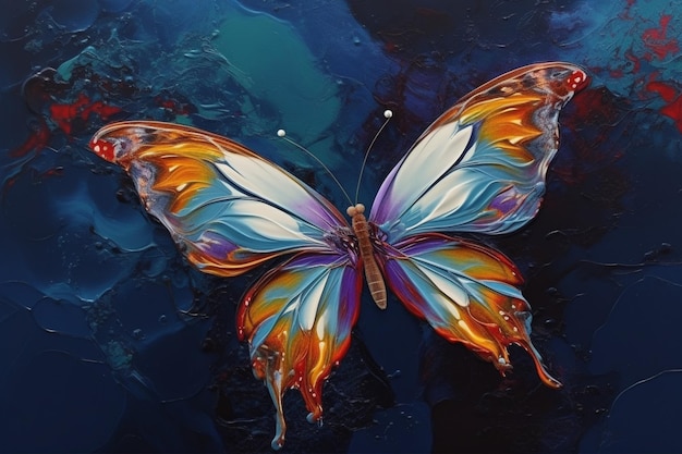 Une peinture d'un papillon aux couleurs orange, bleu et violet.