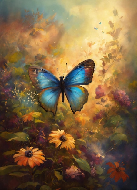 une peinture d'un papillon et de fleurs avec le soleil derrière elle