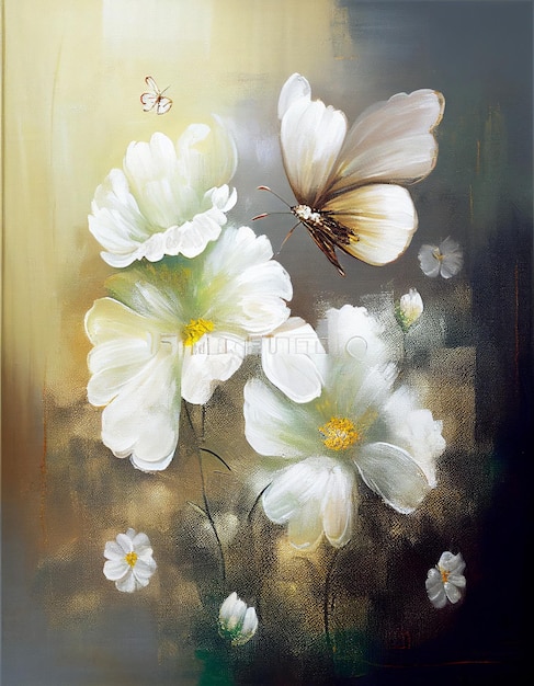 Une peinture d'un papillon et de fleurs