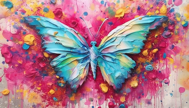 Une peinture d'un papillon avec un papillon bleu dessus.