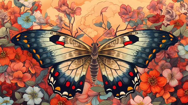 Une peinture d'un papillon avec des points rouges dessus