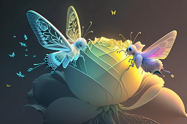 Une peinture de papillons sur une fleur avec le mot libellule dessus.