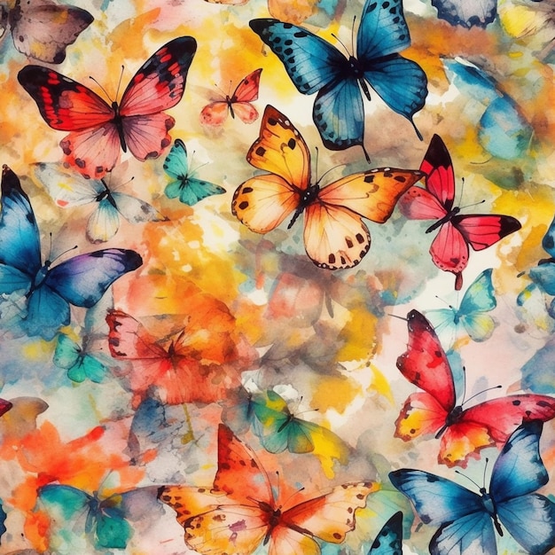 Une peinture de papillons avec un fond coloré.