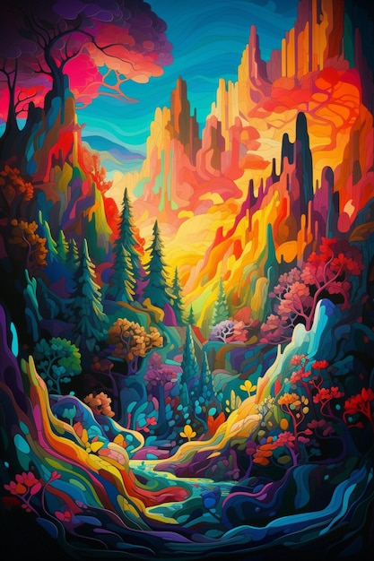 Une peinture par personne d'un paysage coloré.