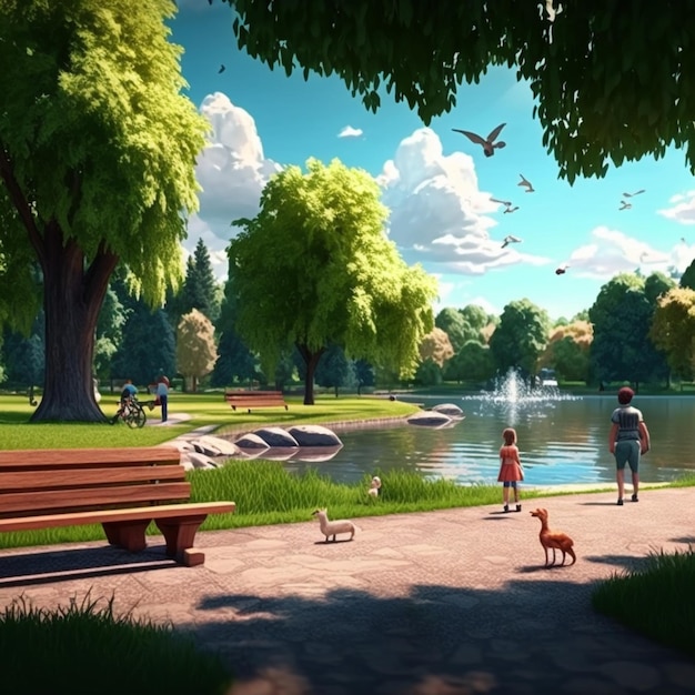 Une peinture d'un parc avec une fontaine et un garçon et une fille marchant dans le parc.