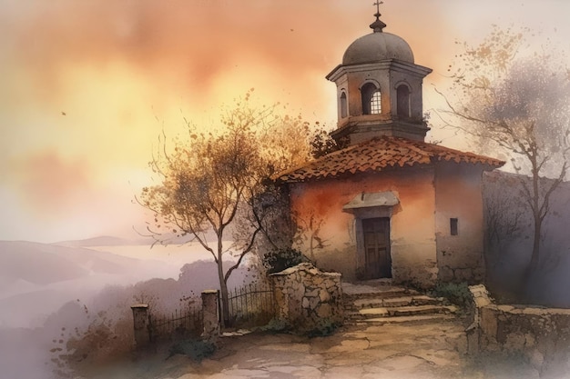 Peinture à partir d'un dessin à l'aquarelle d'Ermita de San Felices à Haro au crépuscule et avec brouillard