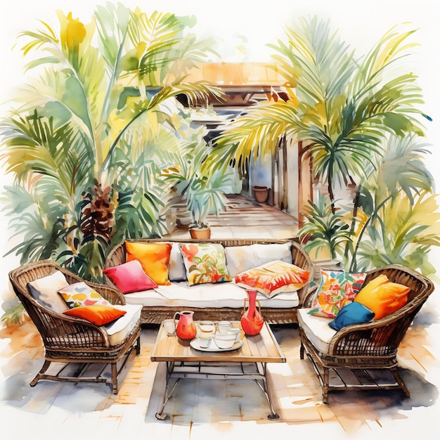 une peinture d'un patio avec des palmiers et une table avec des chaises