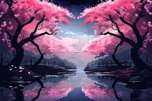 Une peinture d'un paysage avec un arbre rose et un étang avec un étang et un pont