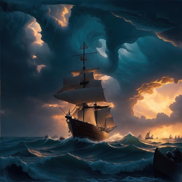 Peinture de paysage de bateau à voile avec des vagues de la mer