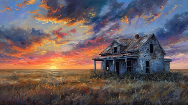 Peinture de paysage d'un bâtiment abandonné au coucher du soleil