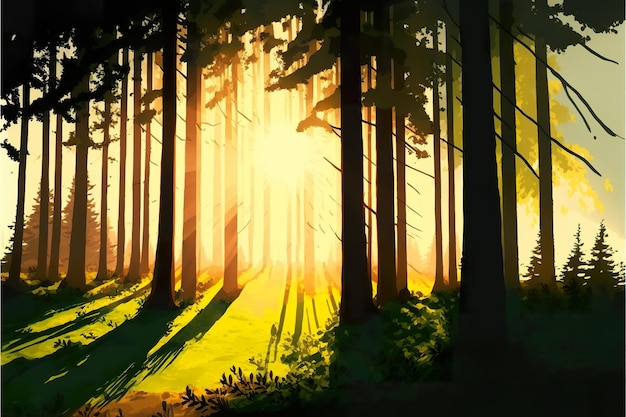 Peinture de paysage de belle forêt avec la lumière du soleil