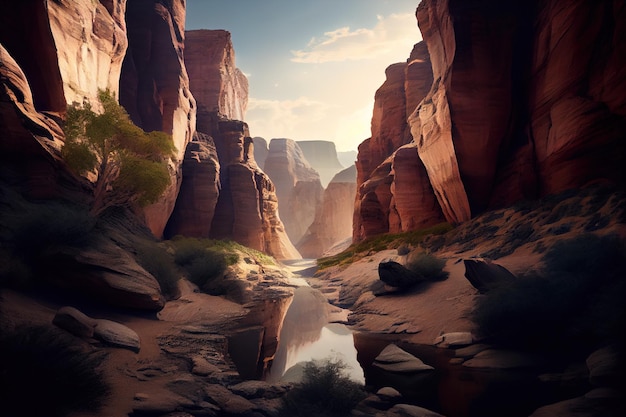 Une peinture de paysage d'un canyon avec un reflet du ciel.