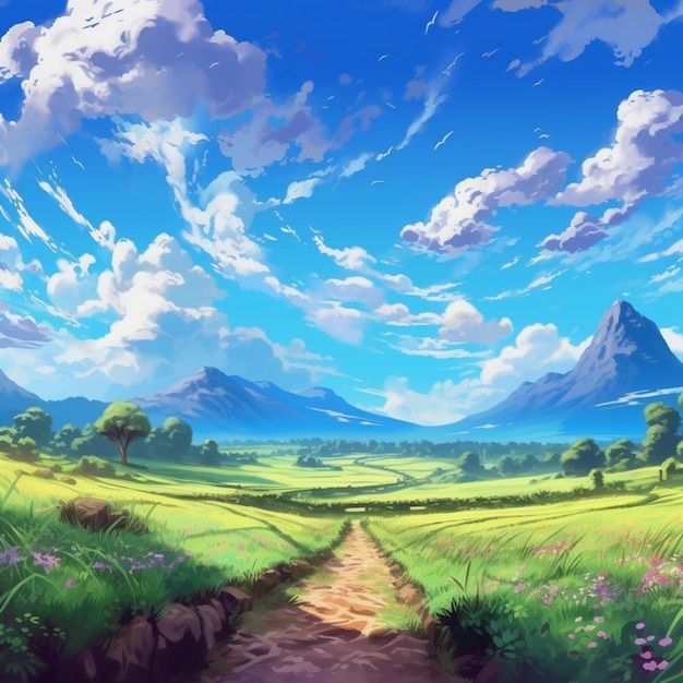 Peinture d'un paysage avec un chemin de terre et une montagne ai générative