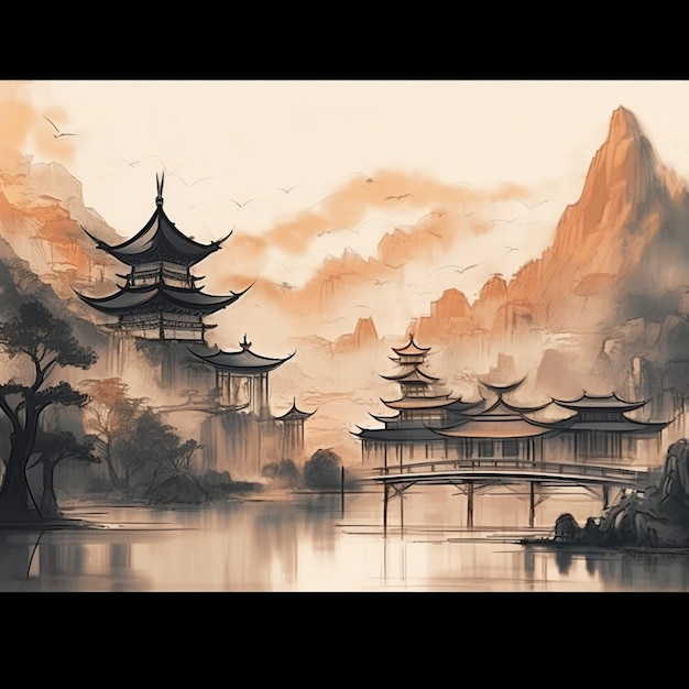 Peinture d'un paysage chinois avec un pont et des pagodes générative ai