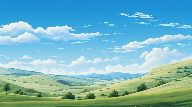 Une peinture d'un paysage avec un ciel bleu et des nuages.