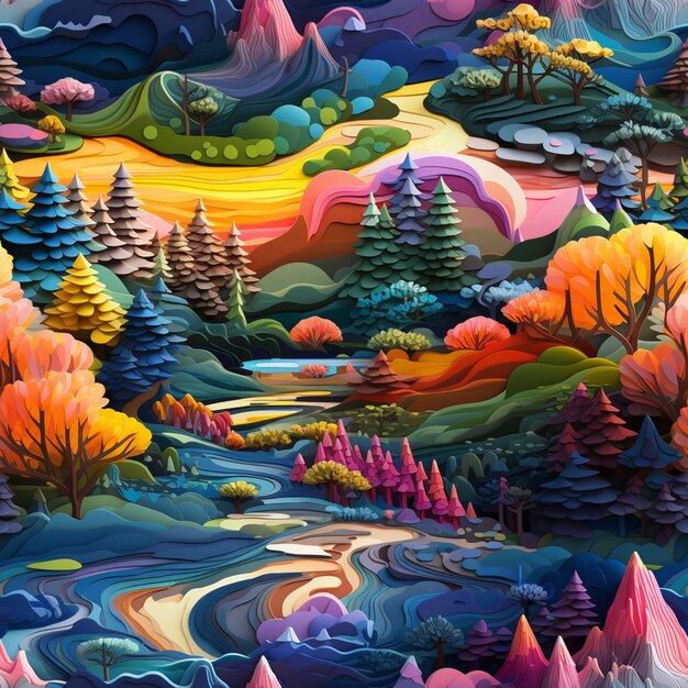 une peinture d'un paysage coloré avec des arbres et des montagnes générative ai