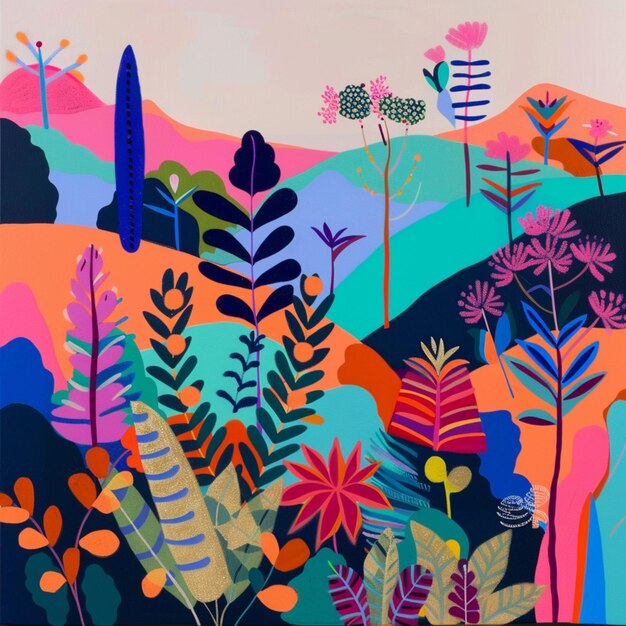 peinture d'un paysage coloré avec des arbres et des plantes au premier plan