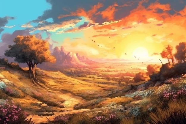Une peinture d'un paysage avec un coucher de soleil en arrière-plan.